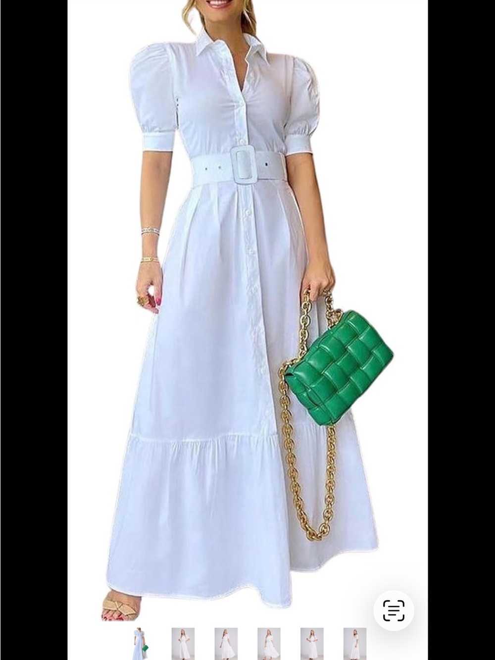 Women’s Button Down White Puff-Sleeve Belted Maxi Dress with Pockets NWT